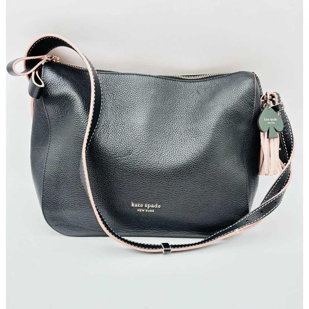 Kate Spade Black Pebbled Leather Shoulder Bag Tassel Logo‎ Hobo Purse
